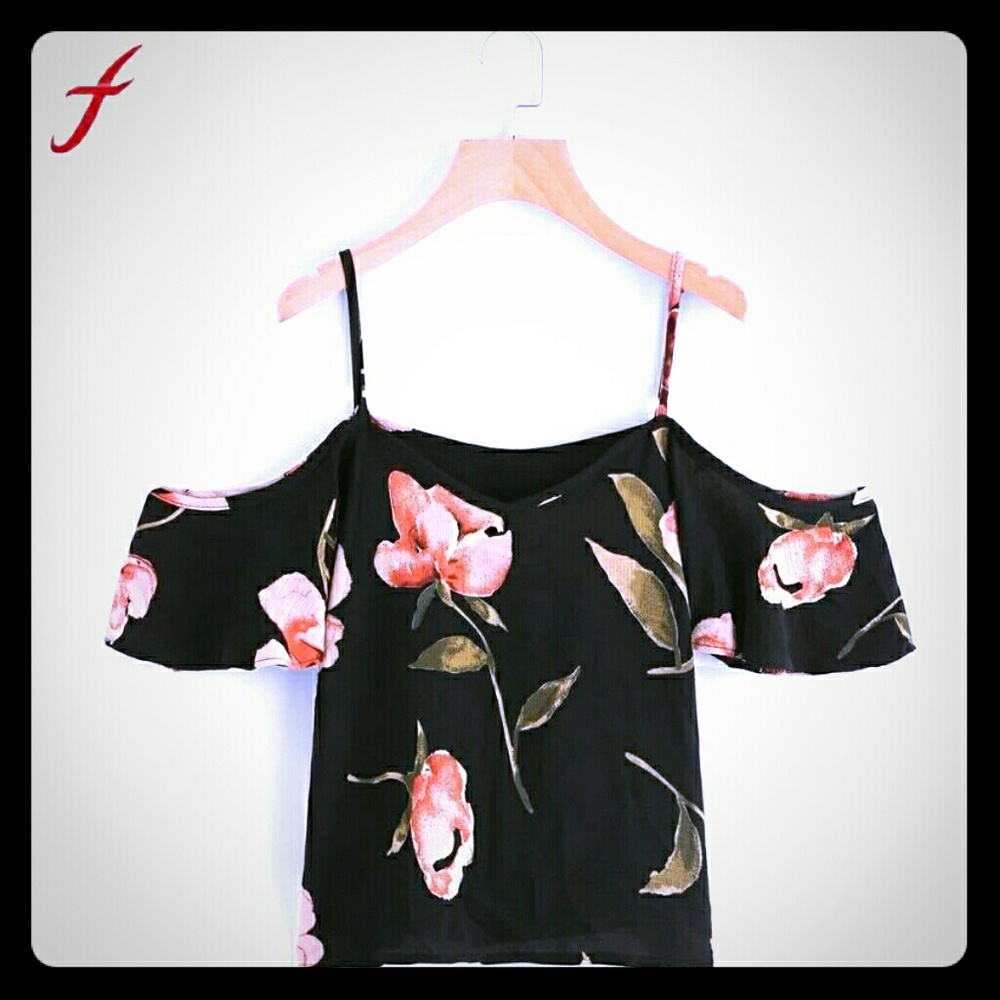 Black Floral Print Cold Shoulder Cami Top